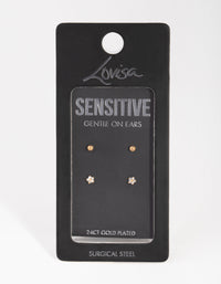 24 Carat Gold Plated Surgical Steel Ball & Flower Stud Earrings 2-Pack - link has visual effect only