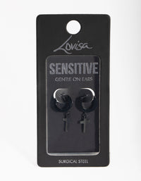 Matte Black  Surgical Steel Cross Huggie Earrings - link has visual effect only