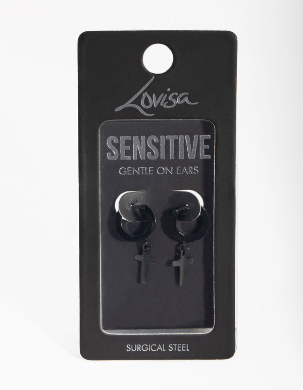 Matte Black  Surgical Steel Cross Huggie Earrings
