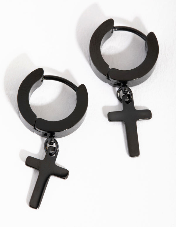 Matte Black  Surgical Steel Cross Huggie Earrings