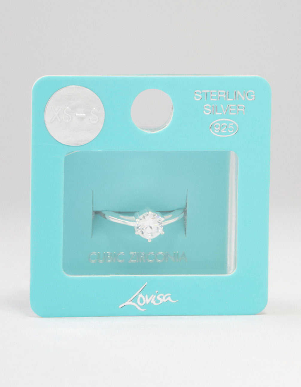 Packaged sterling silver 1 carat cubic zirconia 6 claw ring close up view
