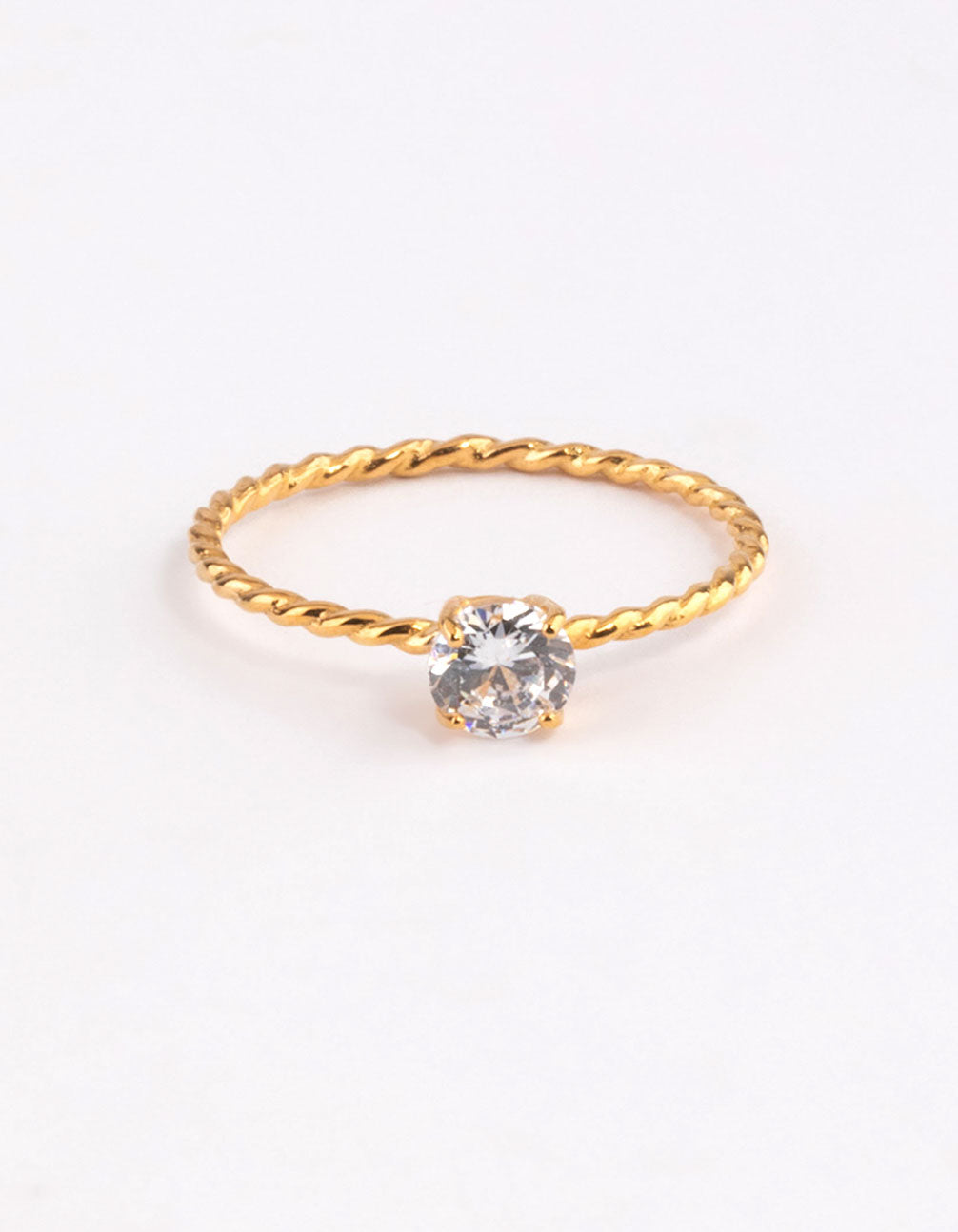 Elegant gold plated sterling silver cubic zirconia twist engagement ring with clear accents front view