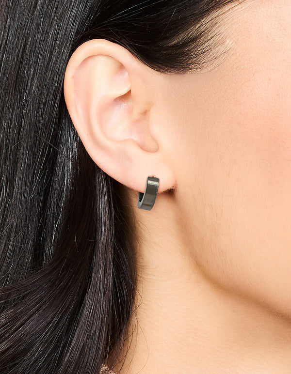 Waterproof Black Coated  Stainless Steel Wide Huggie Earrings