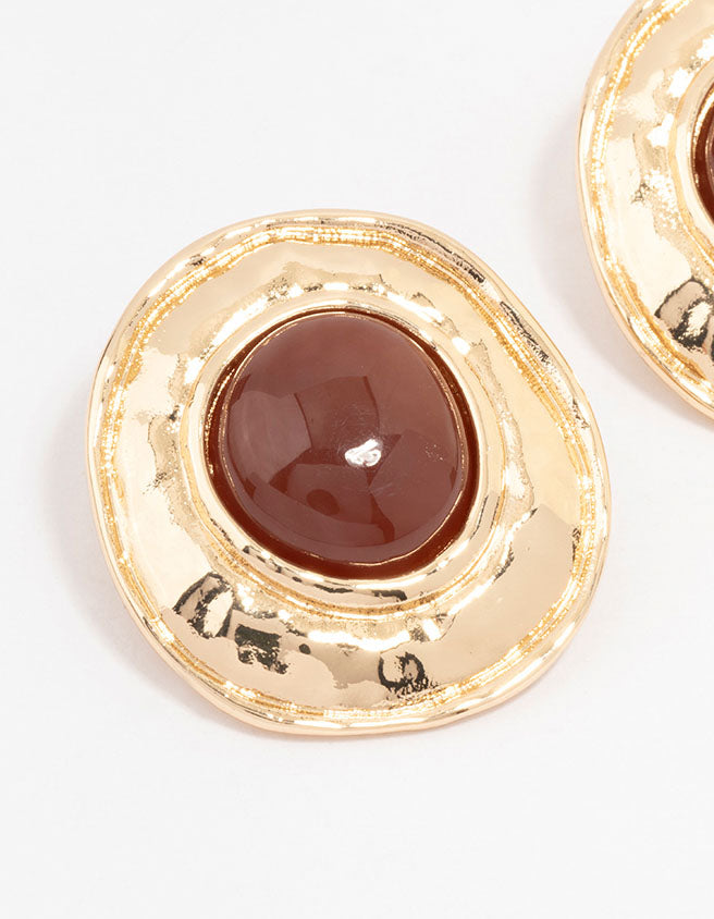 Gold Molten Circle Disc Stud Earrings