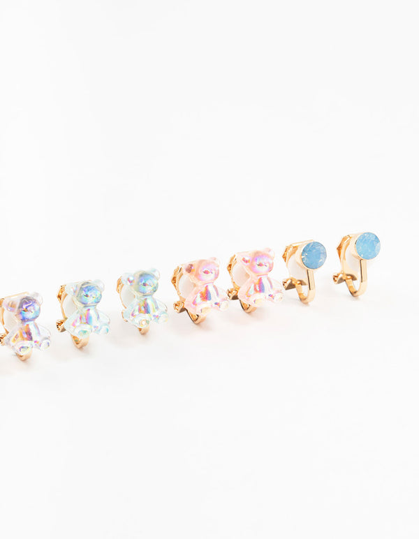 Kids Holographic Gummy Bear Clip On Gold Earrings 5-Pack