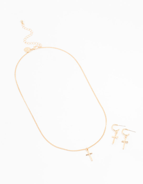 Sleek Gold Cross Necklace & Earring Set