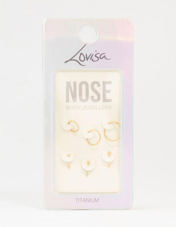Gold Plated Titanium Ring & Cubic Zirconia Stud Nose Piercings 6-Pack