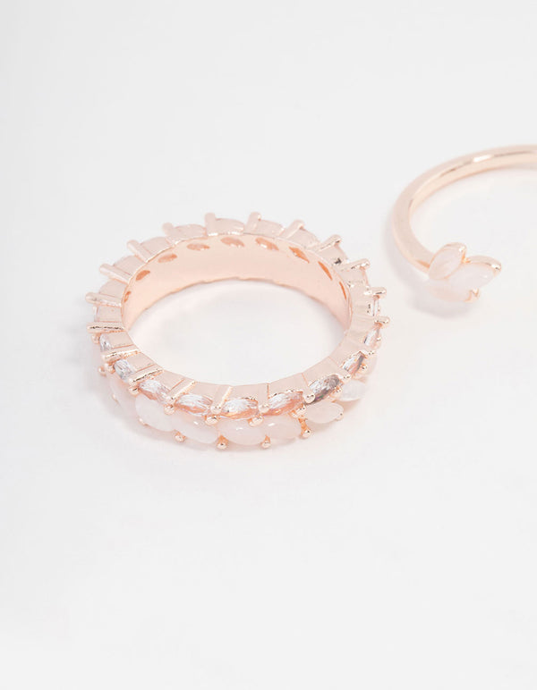 Rose Gold Plated Leaf & Flower Band Ring 2-Pack