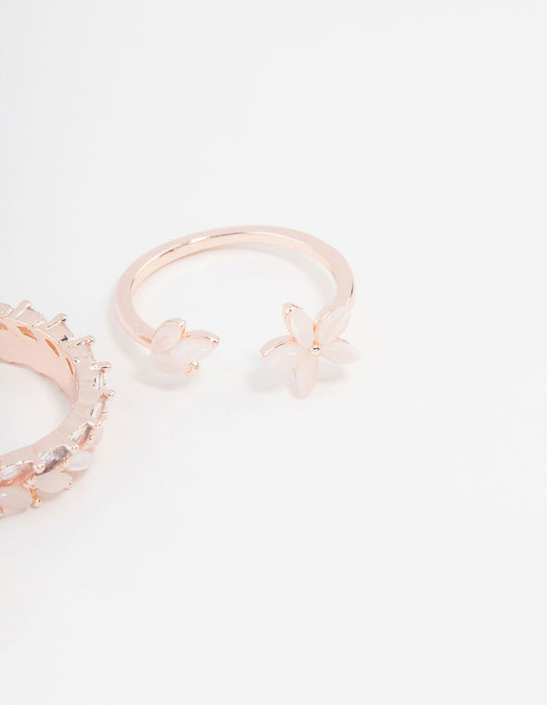 Rose Gold Plated Leaf & Flower Band Ring 2-Pack