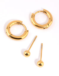 Gold Plated Surgical Steel Plain Stud & Huggie Hoop Earrings 2-Pack - link has visual effect only
