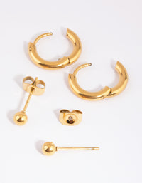 Gold Plated Surgical Steel Plain Stud & Huggie Hoop Earrings 2-Pack - link has visual effect only