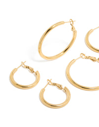 Waterproof Gold Plated Stainless Steel Large Basic Hoop Earrings 3-Pack - link has visual effect only
