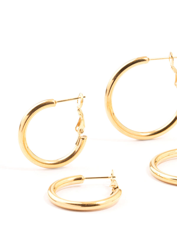 Waterproof Gold Plated Stainless Steel Large Basic Hoop Earrings 3-Pack