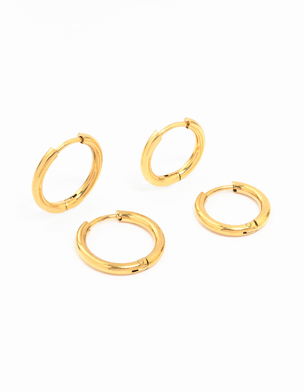 Featuring waterproof gold plated stainless steel small hoop earrings in a 2-pack front view