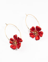 Gold Red Pearlised Stapled Flower Drop Earrings - link has visual effect only