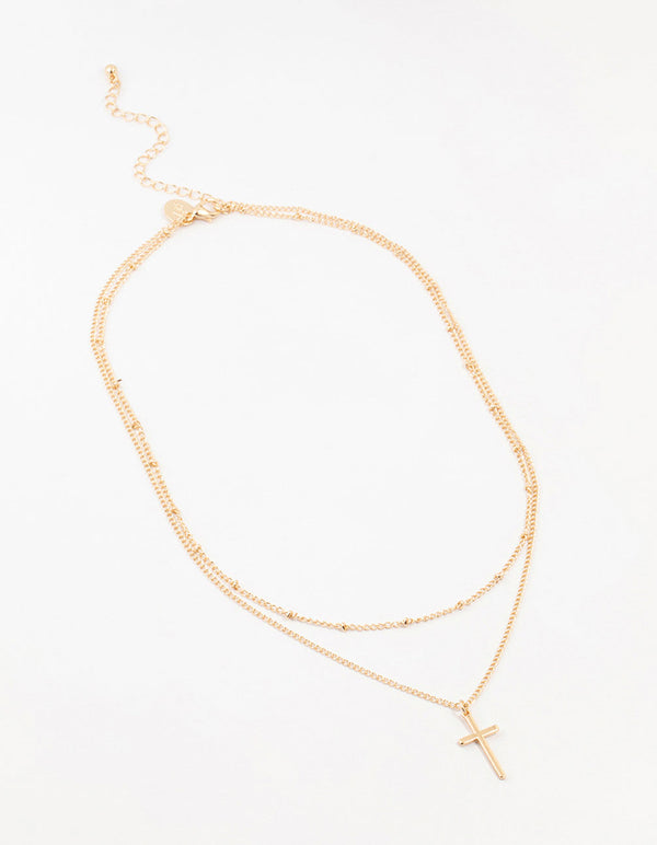 Gold Ball Chain & Cross Layered Necklace