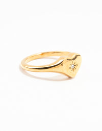 Waterproof Gold Plated Stainless  Steel Cubic Zirconia Heart Signet Ring - link has visual effect only