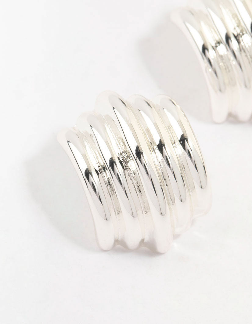 Silver Plated Ribbed Medium Stud Earrings