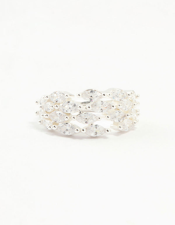 Crafted from silver plated material with marquise cut cubic zirconia stones in an open design close up view