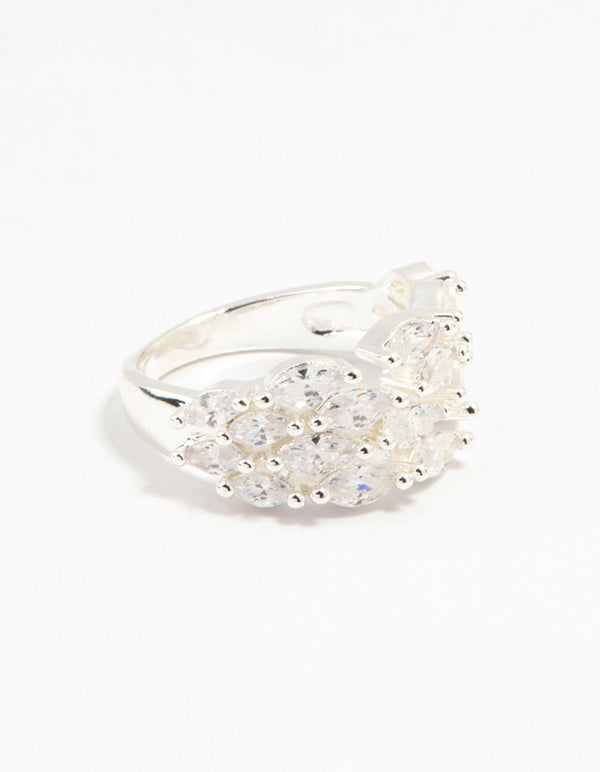 Showcasing a silver plated marquise cubic zirconia open ring front view