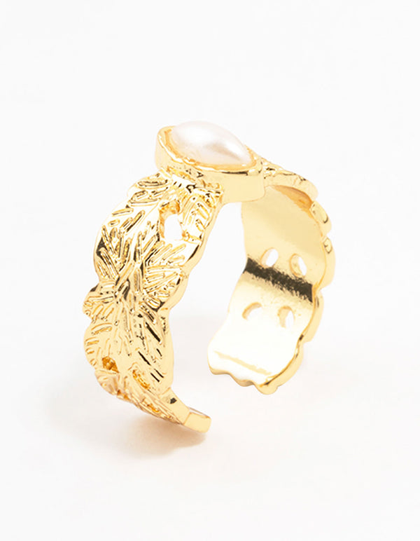 Gold Plated Wide Leaf Band Ring