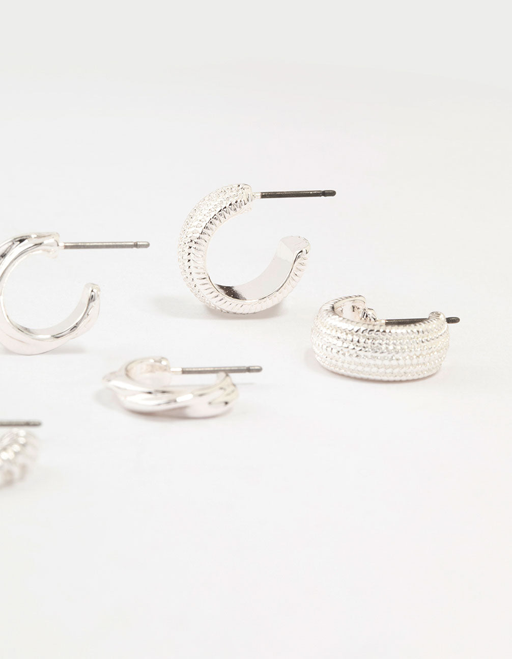 Silver Plated Textured Chunky Hoop Earrings 4-Pack