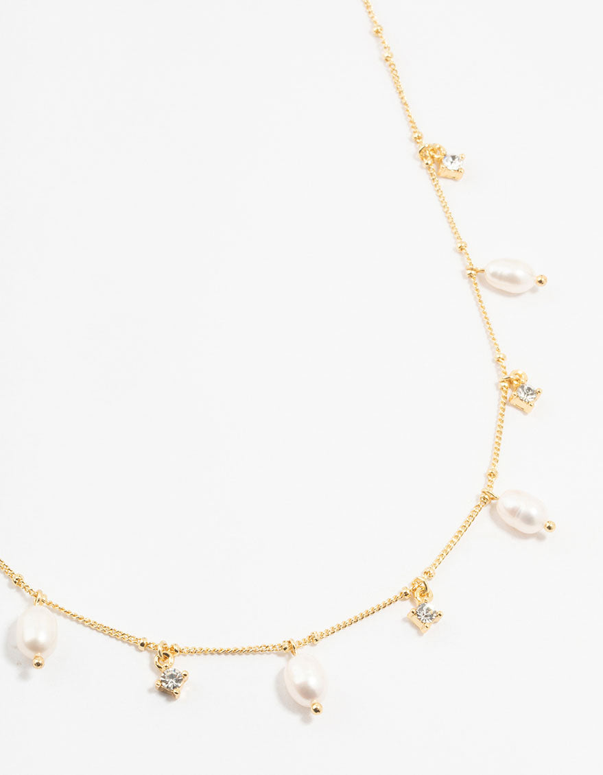 Gold Plated Alternating Pearl & Cubic Zirconia Station Necklace