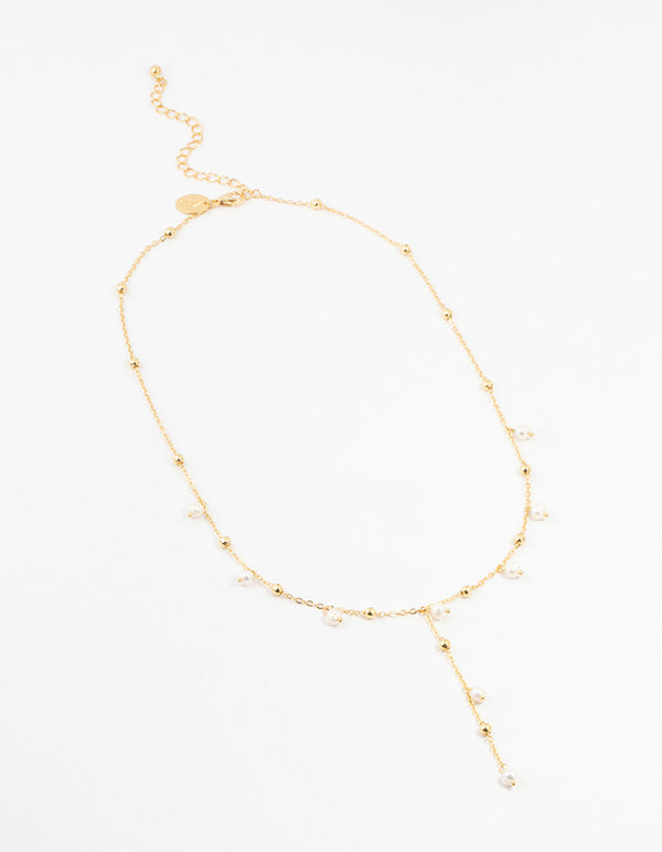 Gold Plated Alternating Pearl & Ball Y Necklace