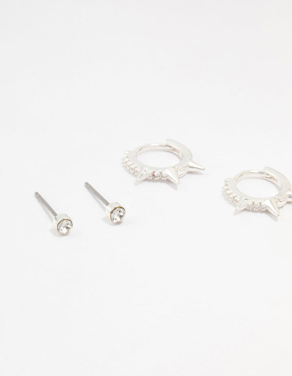 Silver  Diamante Spikey Earrings 3-Pack
