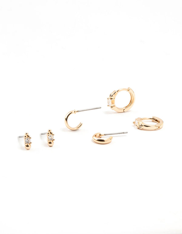 Gold Round & Square Stone Earrings 3-Pack