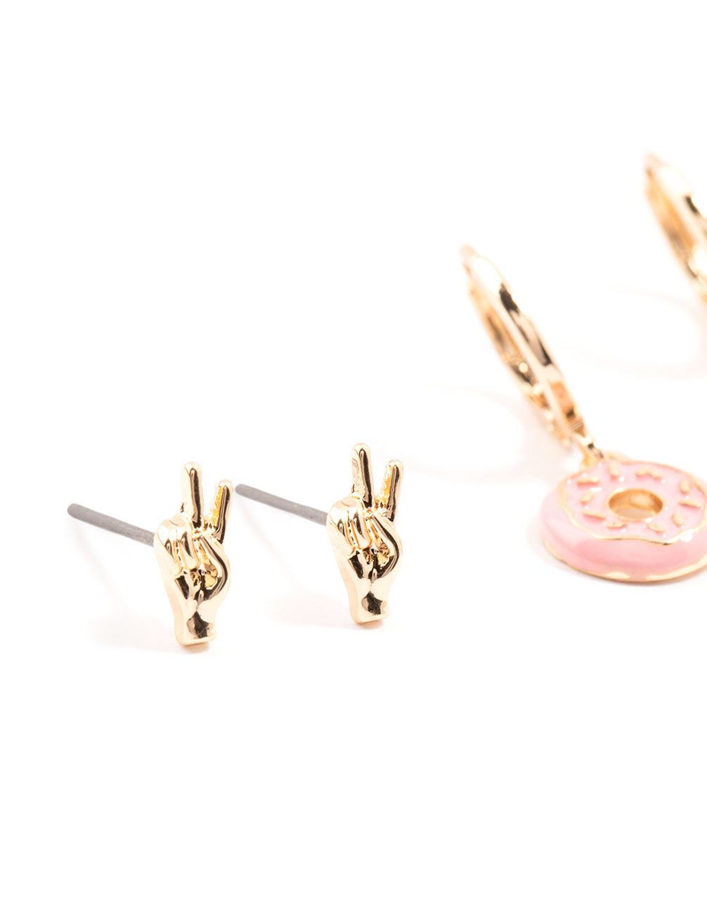 Gold Small Doughnut & Peace Sign Stud  Earrings 3-Pack
