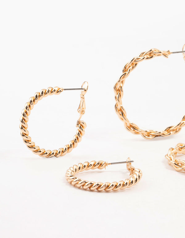 Gold Twisted Skinny Hoop Earrings 3-Pack