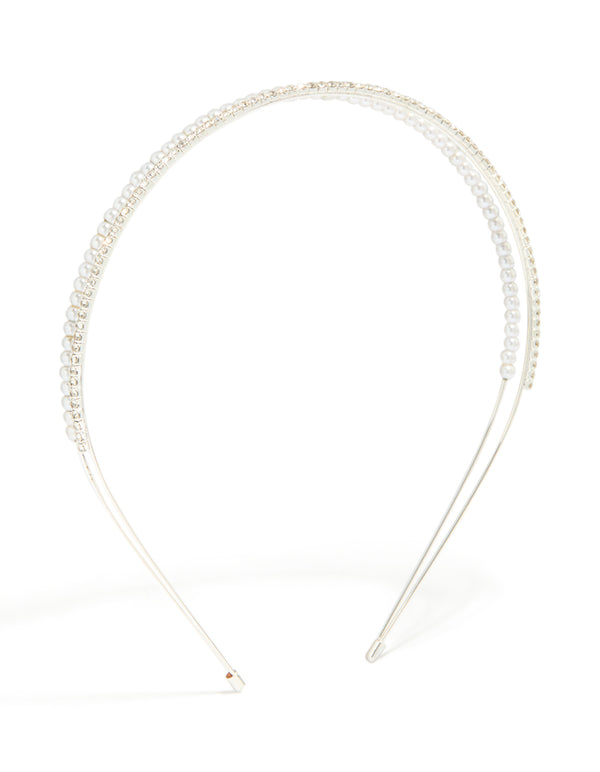 Silver Double Layered Pearl & Crystal Headband