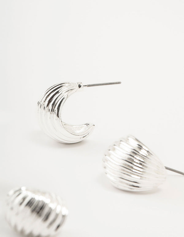 Silver Textured Rows Hoop Earrings 2-Pack