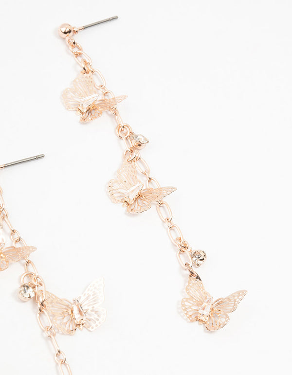 Rose Gold Butterfly Diamante Drop Earrings