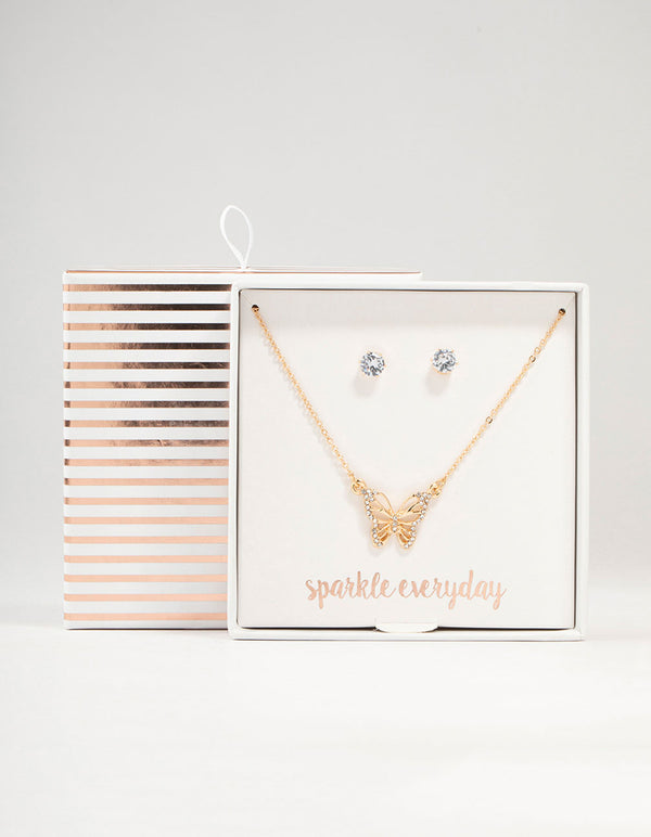 Gold Cubic Zirconia Butterfly Necklace & Stud Earrings Set