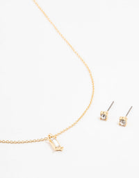Gold Baguette Necklace & Stud Earrings Set - link has visual effect only