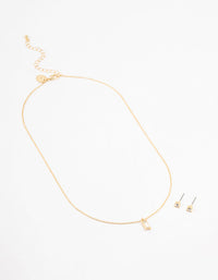 Gold Baguette Necklace & Stud Earrings Set - link has visual effect only