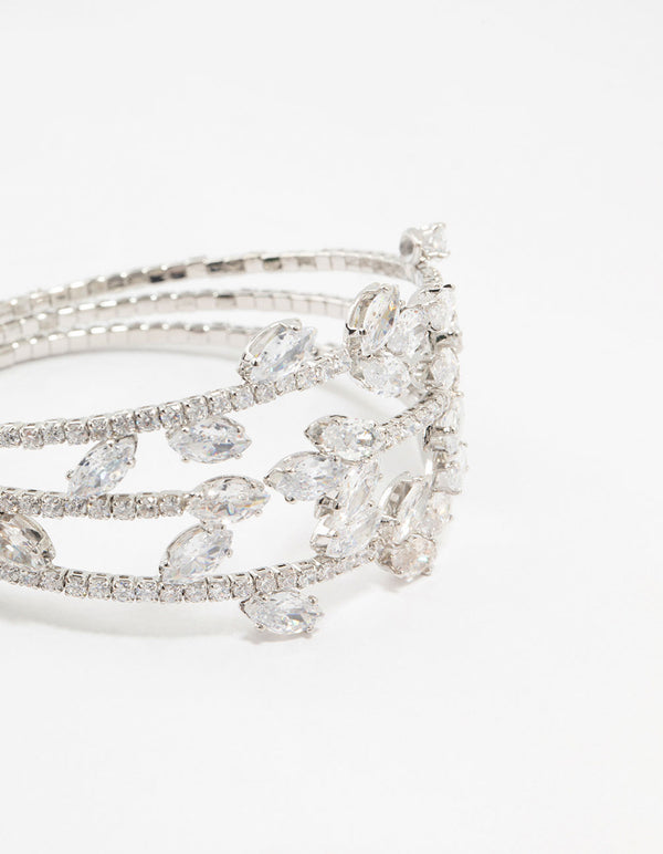 Silver Marquise Cubic Zirconia Floral Cuff Bracelet