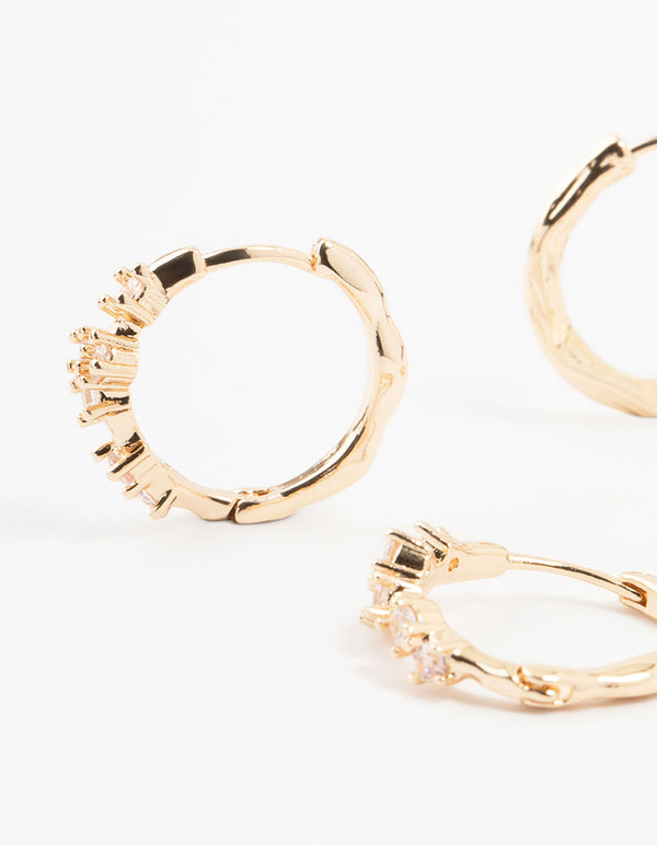 Gold Twisted & Cubic Zirconia Hoop Earrings 2-Pack