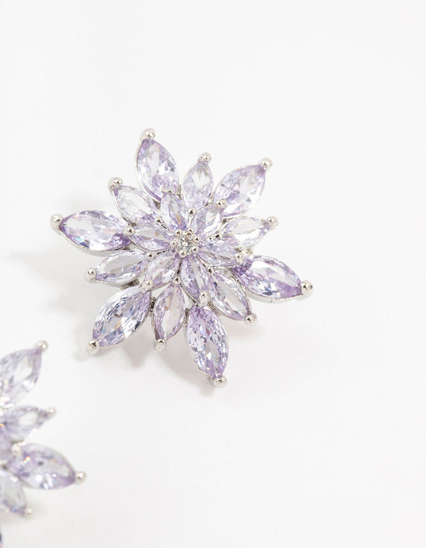 Silver Purple Cubic Zirconia Flower Stud Earrings
