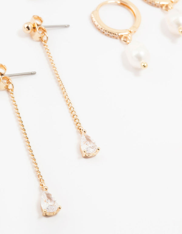 Gold Mixed Cubic Zirconia & Pearls Drop Earrings 3-Pack