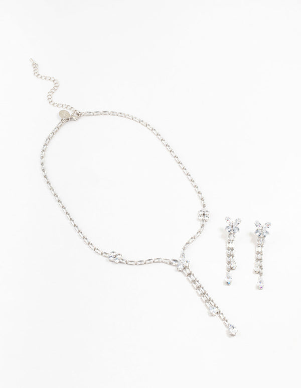 Silver Cubic Zirconia Butterfly Drop Earrings & Necklace Set