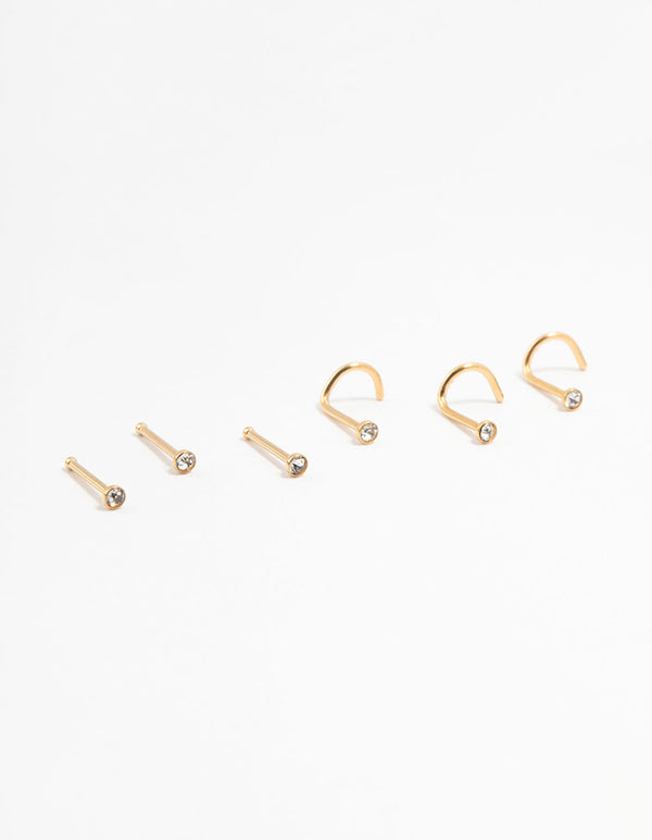 Gold Plated Surgical Steel Mixed Diamante Post Nose Studs 6-Pack