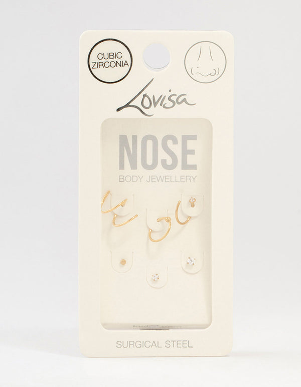 Gold Plated Surgical Steel Twisted Cubic Zirconia Nose Rings & Studs 6-Pack