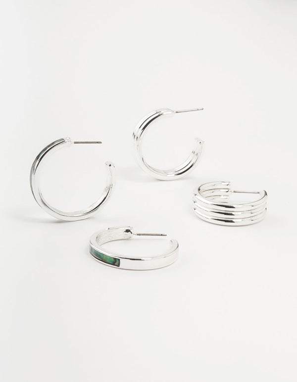 Silver Abalone Genuine Shell  Hoop Earrings 2-Pack