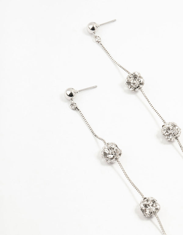 Silver 3 Row Diamante Ball Drop Earrings