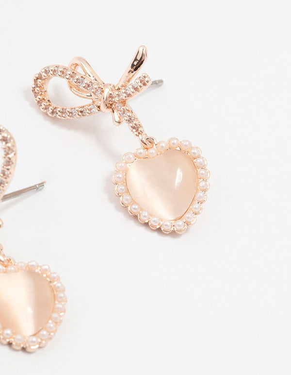 Rose Gold Plated Pearl Halo Heart Drop Earrings