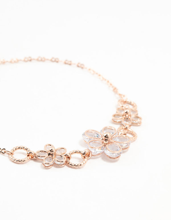 Rose Gold Plated Large Cubic Zirconia Flower Station Bracelet