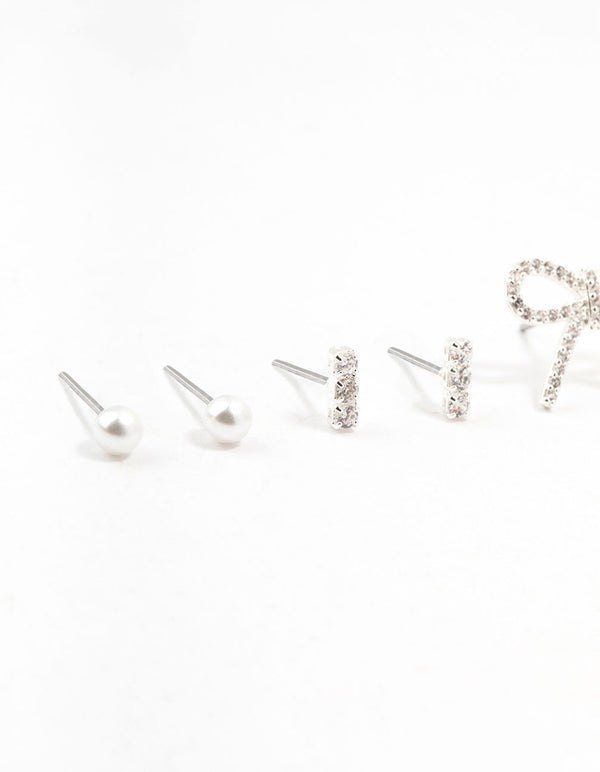 Pearl & Bow Cubic Zirconia Stud Earrings Pack